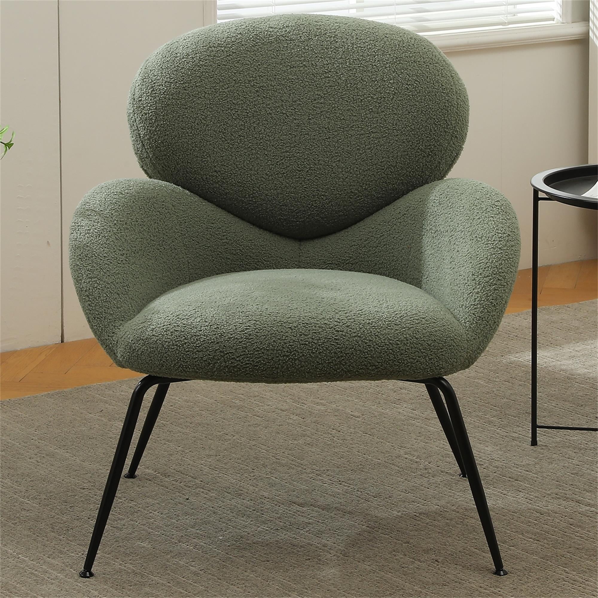 Kadyn Modern Sherpa Armchair with Black Metal Legs, Comfy and Soft Chairs for Bedroom, Light Green
