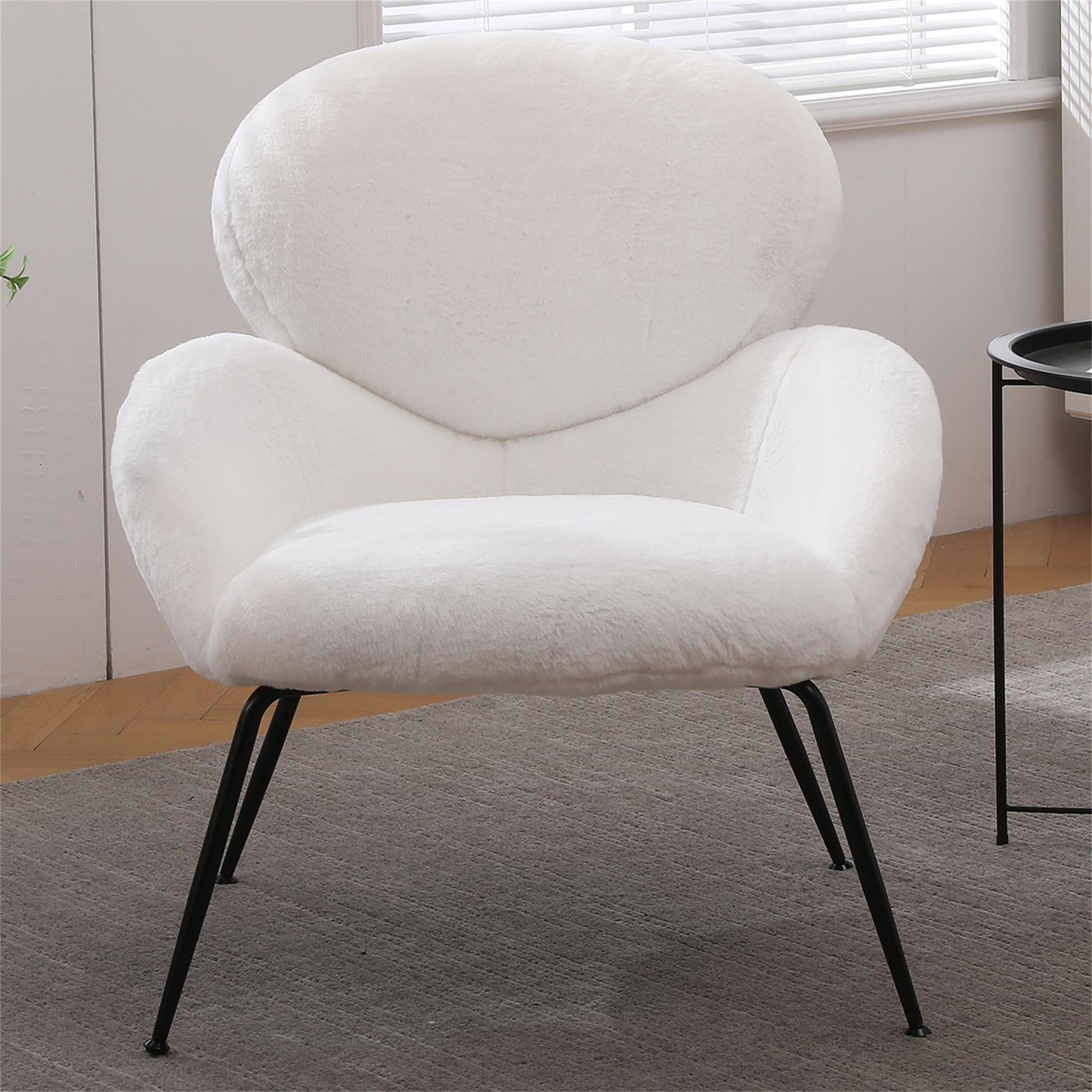 Kadyn Modern Sherpa Armchair with Black Metal Legs, Comfy and Soft Chairs for Bedroom, White