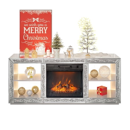 Kadyn Modern Silver Mirror TV Stand with 18 Inch Fireplace Insert and Storage, MDF Media Console for Entertainment Center 143 x 35 x 62 cm, Silver