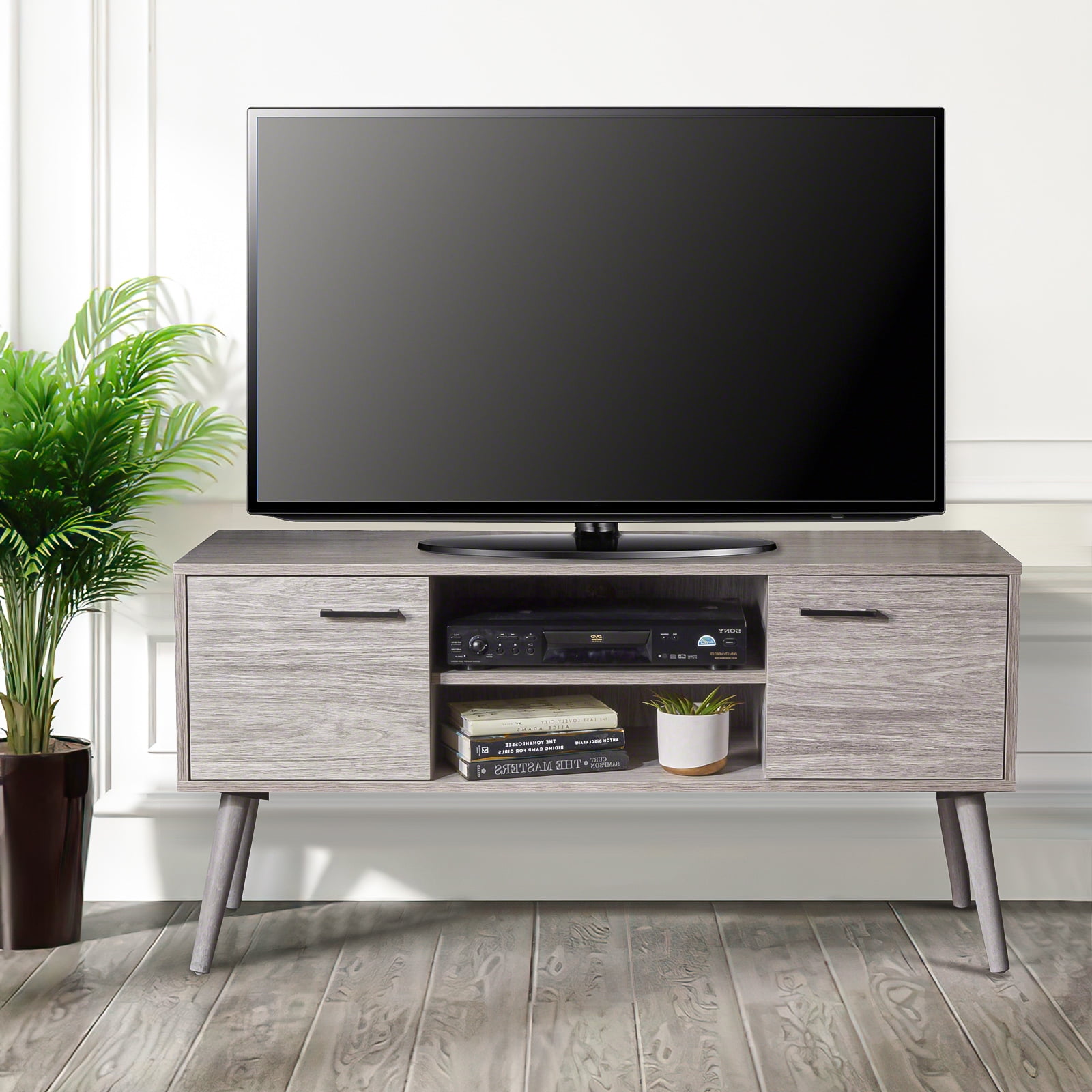 Kadyn Modern TV Stand, Mid Century TV Stand Console with 2 Cabinets & Shelves, Fiberboard TV Stand Console for Living Room, Plaid Grey Oak