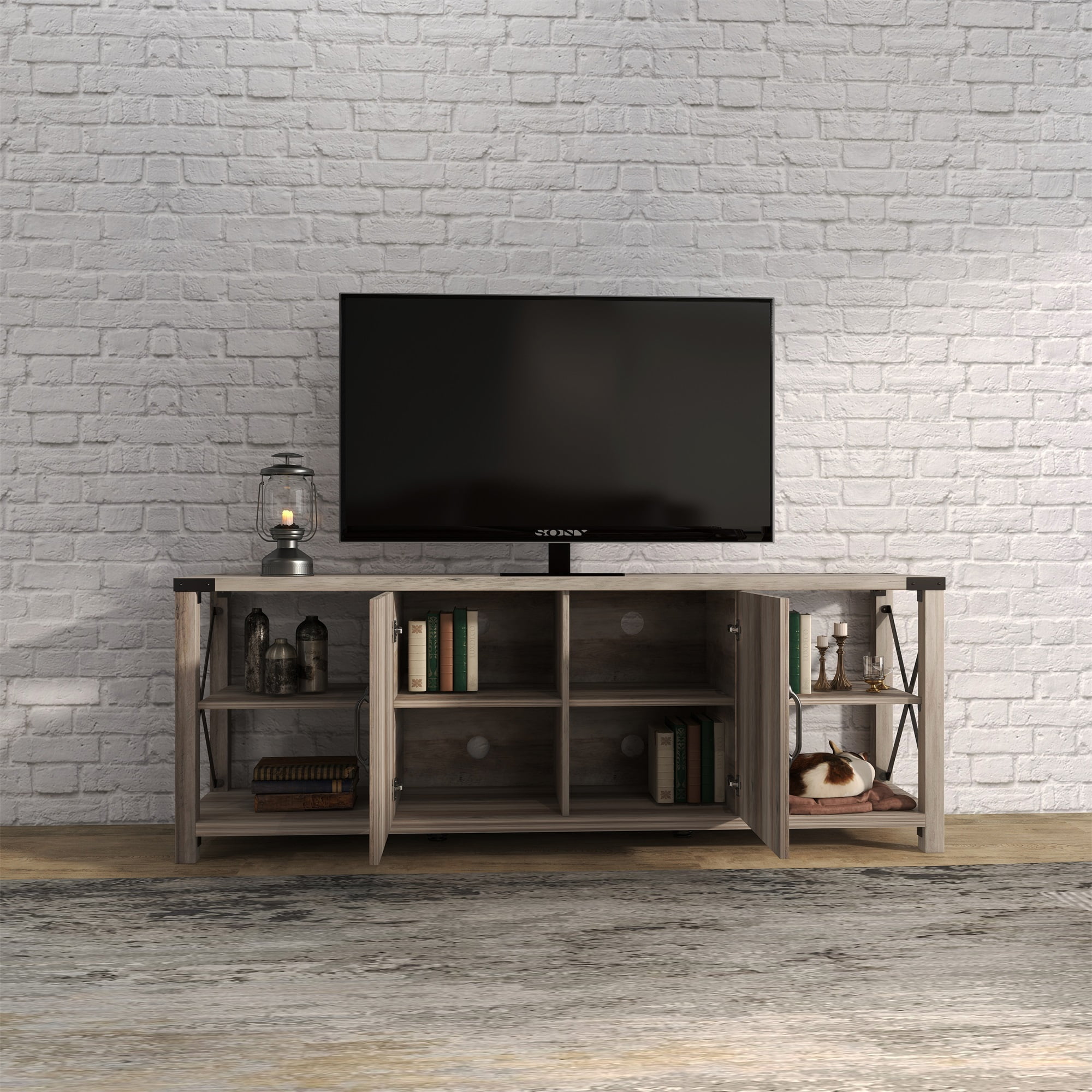 Kadyn Modern TV stand with LED Lights and Storage, TV Console for Up to 80 inch, Entertainment Center, Natural Wood Wash