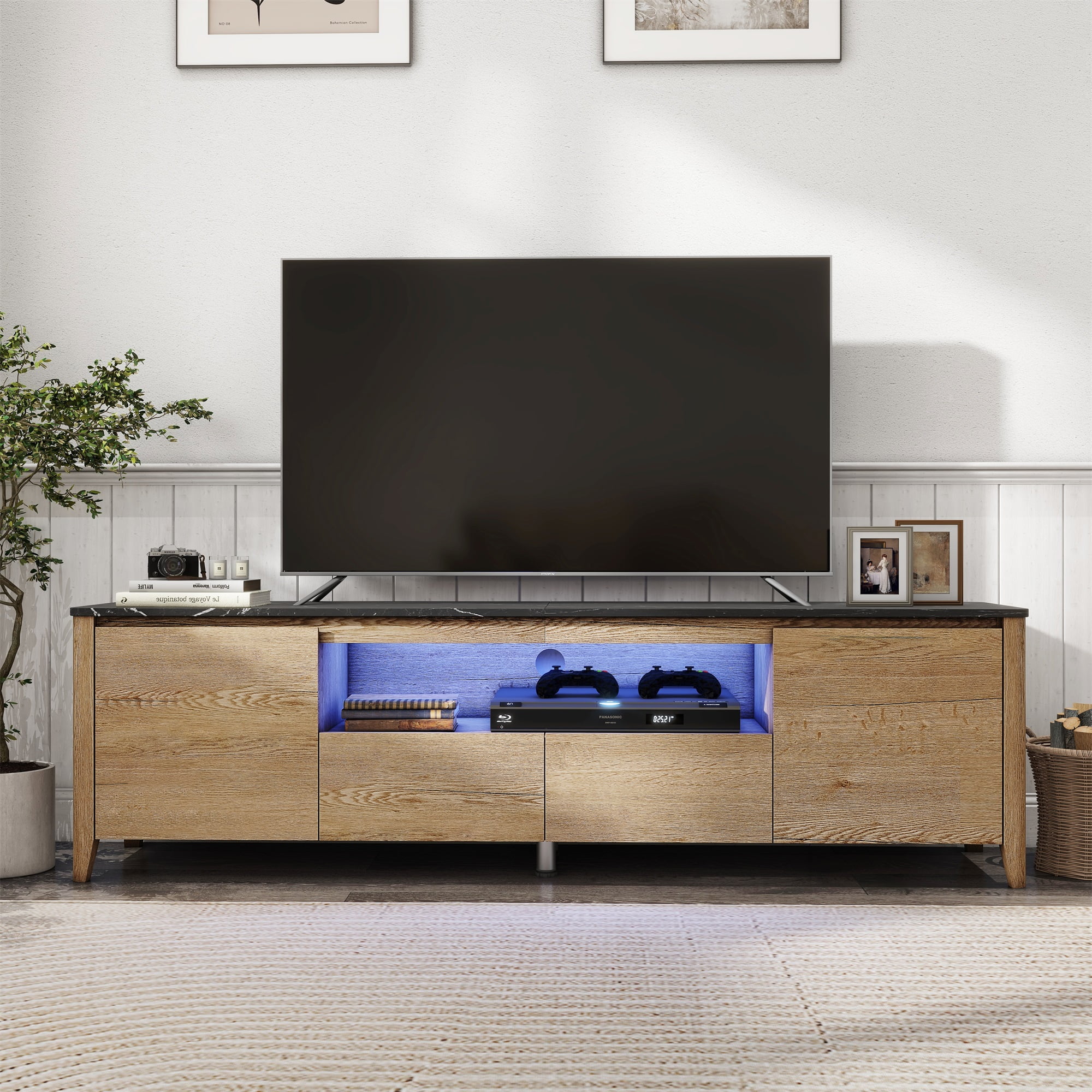 Kadyn Modern TV stand with LED Lights and Storage, TV Console for Up to 80 inch, Entertainment Center, Natural and White