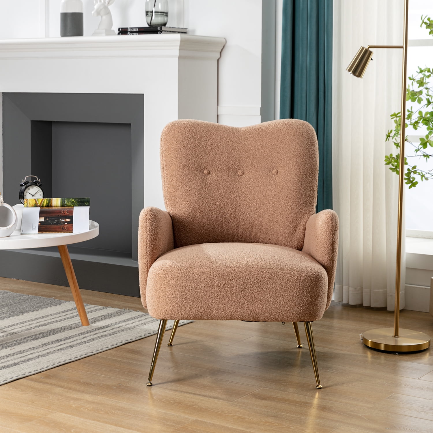 Kadyn Modern Teddy Short Plush Particle Armchair, Altay Velvet Accent Chair with Golden Metal Legs and High Back, Upholstered Accent Lounge Chair for Living Room, Espresso