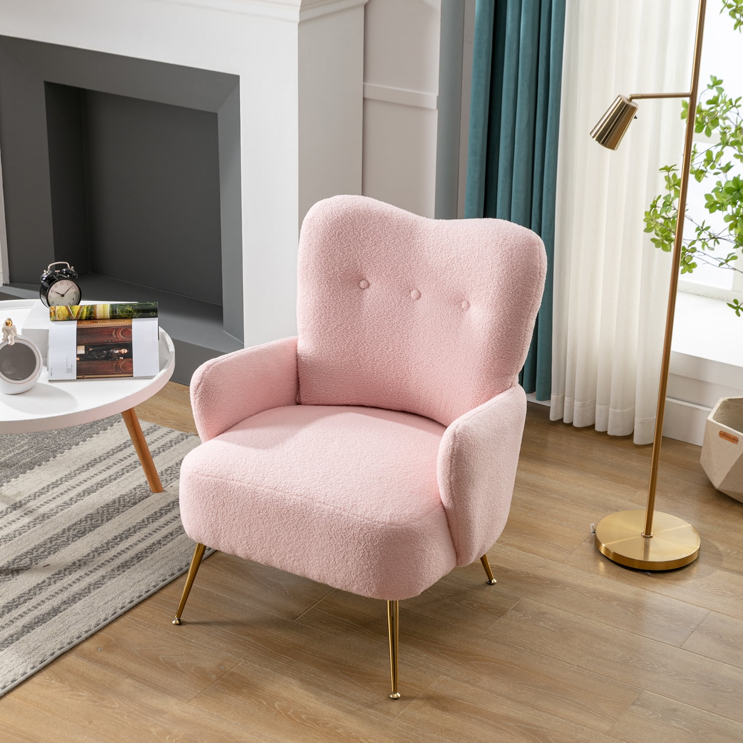 Kadyn Modern Teddy Short Plush Particle Armchair, Altay Velvet Accent Chair with Golden Metal Legs and High Back, Upholstered Accent Lounge Chair for Living Room, Pink
