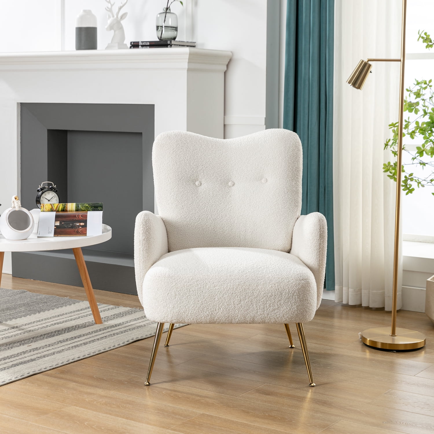 Kadyn Modern Teddy Short Plush Particle Armchair, Altay Velvet Accent Chair with Golden Metal Legs and High Back, Upholstered Accent Lounge Chair for Living Room, White