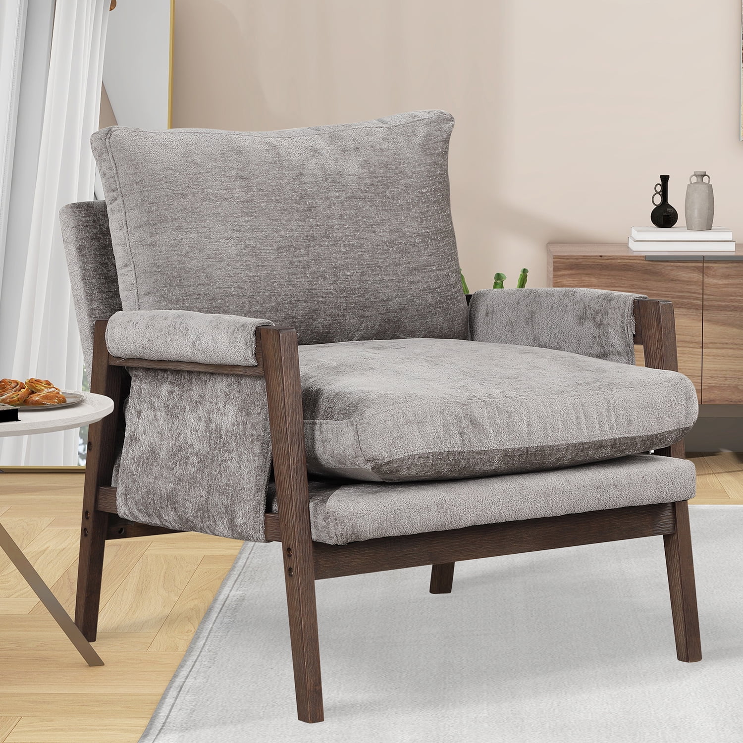 Kadyn Modern Velvet Accent Chair, Solid Wood Leisure Chair with Thick Seat Cushion, Upholstered Armchair for Living Room, Grey