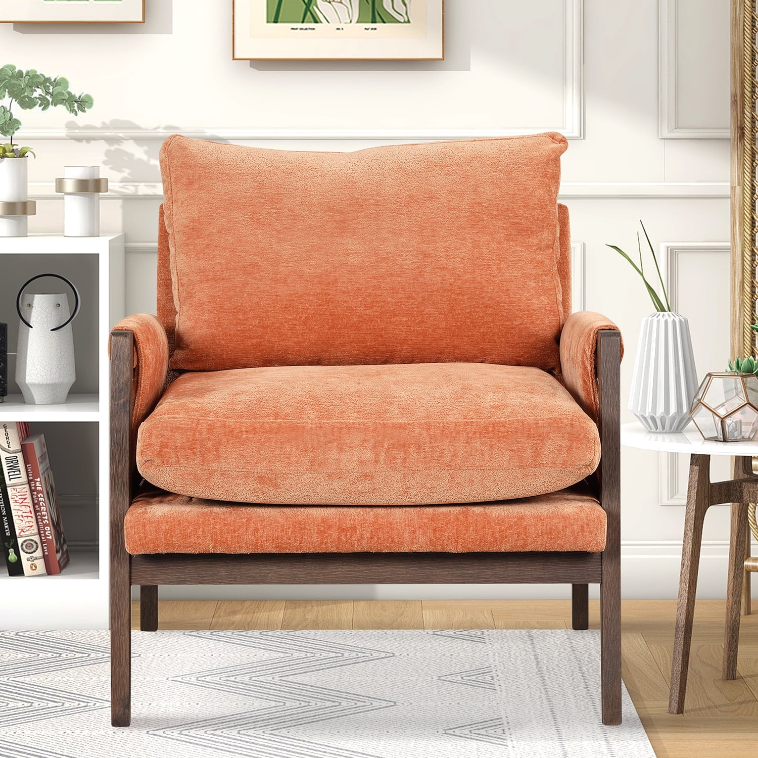 Kadyn Modern Velvet Accent Chair, Solid Wood Leisure Chair with Thick Seat Cushion, Upholstered Armchair for Living Room, Orange