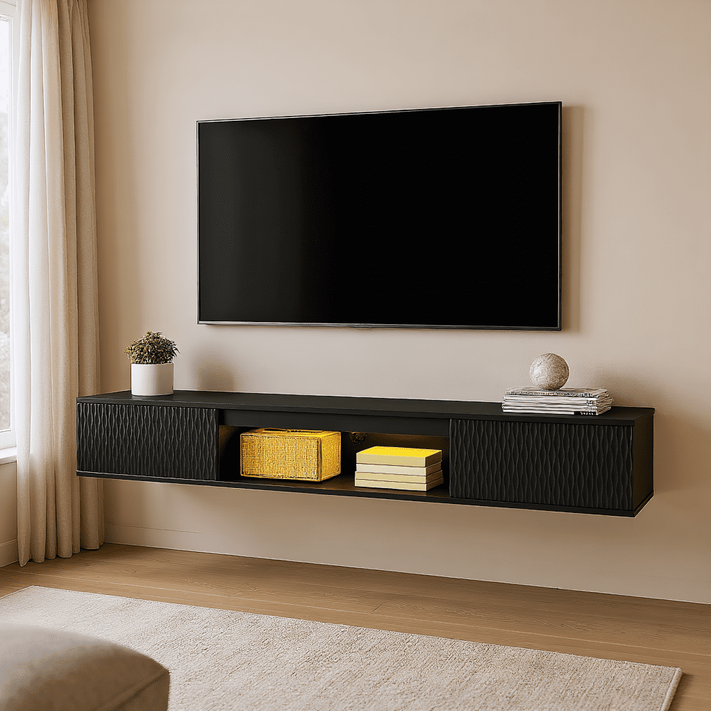 Kadyn Modern Wall-Mounted TV Stand with 2 Doors & Anti-Wobble Design, Black Floating Entertainment Center with Storage Shelf & LED Light Strip for Living Room