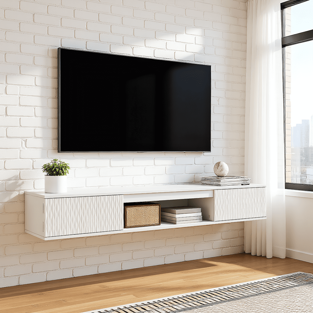 Kadyn Modern Wall-Mounted TV Stand with 2 Doors & Anti-Wobble Design, White Floating Entertainment Center with Storage Shelf & LED Light Strip for Living Room