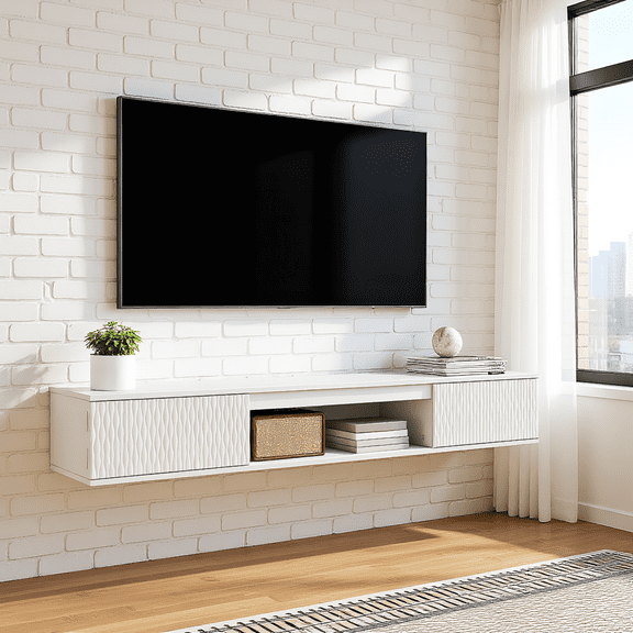 Kadyn Modern Wall-Mounted TV Stand with 2 Doors & Anti-Wobble Design, White Floating Entertainment Center with Storage Shelf & LED Light Strip for Living Room