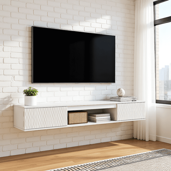 Kadyn Modern Wall-Mounted TV Stand with 2 Doors & Anti-Wobble Design, White Floating Entertainment Center with Storage Shelf & LED Light Strip for Living Room
