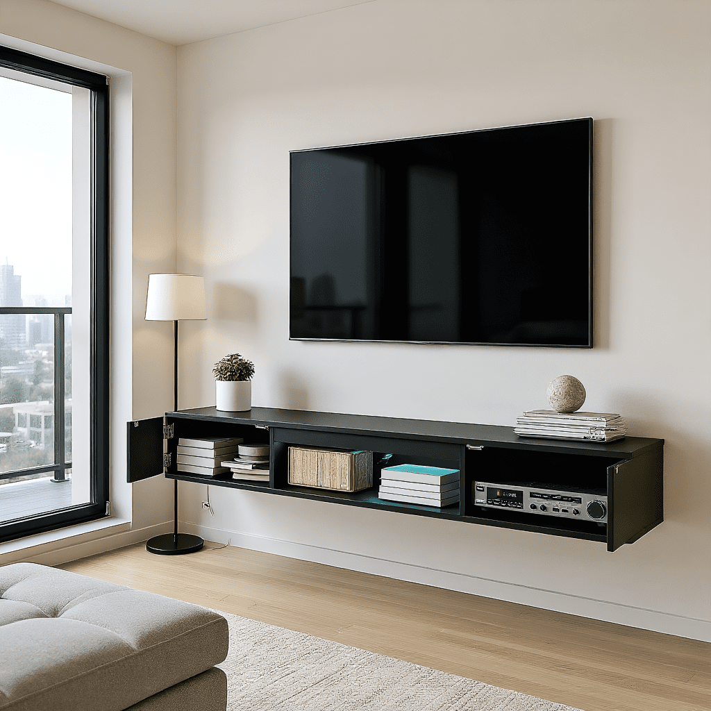 Kadyn Modern Wall-Mounted TV Stand with 2 Doors, Black Floating Entertainment Center with Storage Shelf, Media Cabinet with Colorful Light Strip for Living Room