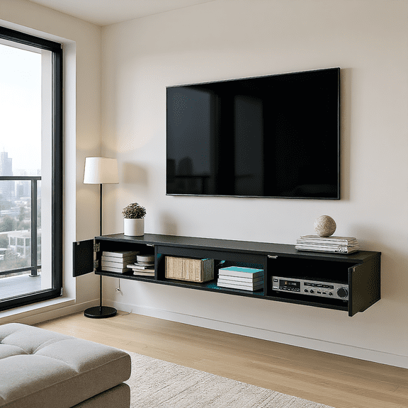 Kadyn Modern Wall-Mounted TV Stand with 2 Doors, Black Floating Entertainment Center with Storage Shelf, Media Cabinet with Colorful Light Strip for Living Room