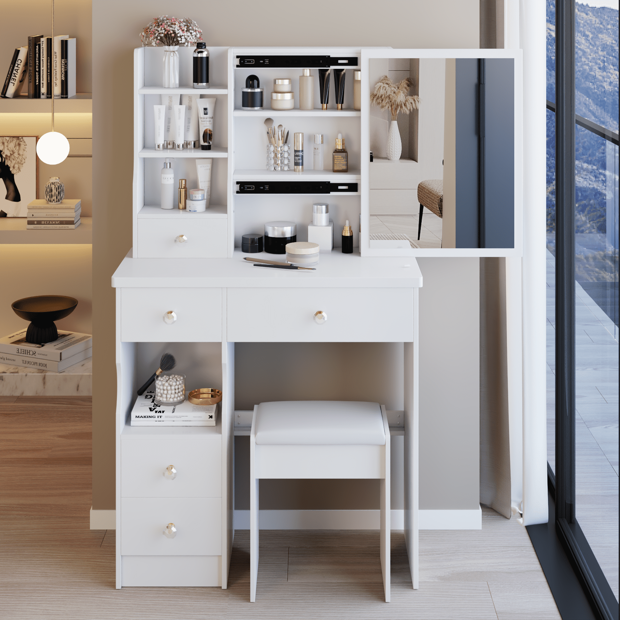 Kadyn Vanity Desk with Extra Large Right Sliding Mirror, Dressing Table with 5 Drawer, Makeup Table for Women, Girls, Bedroom, White