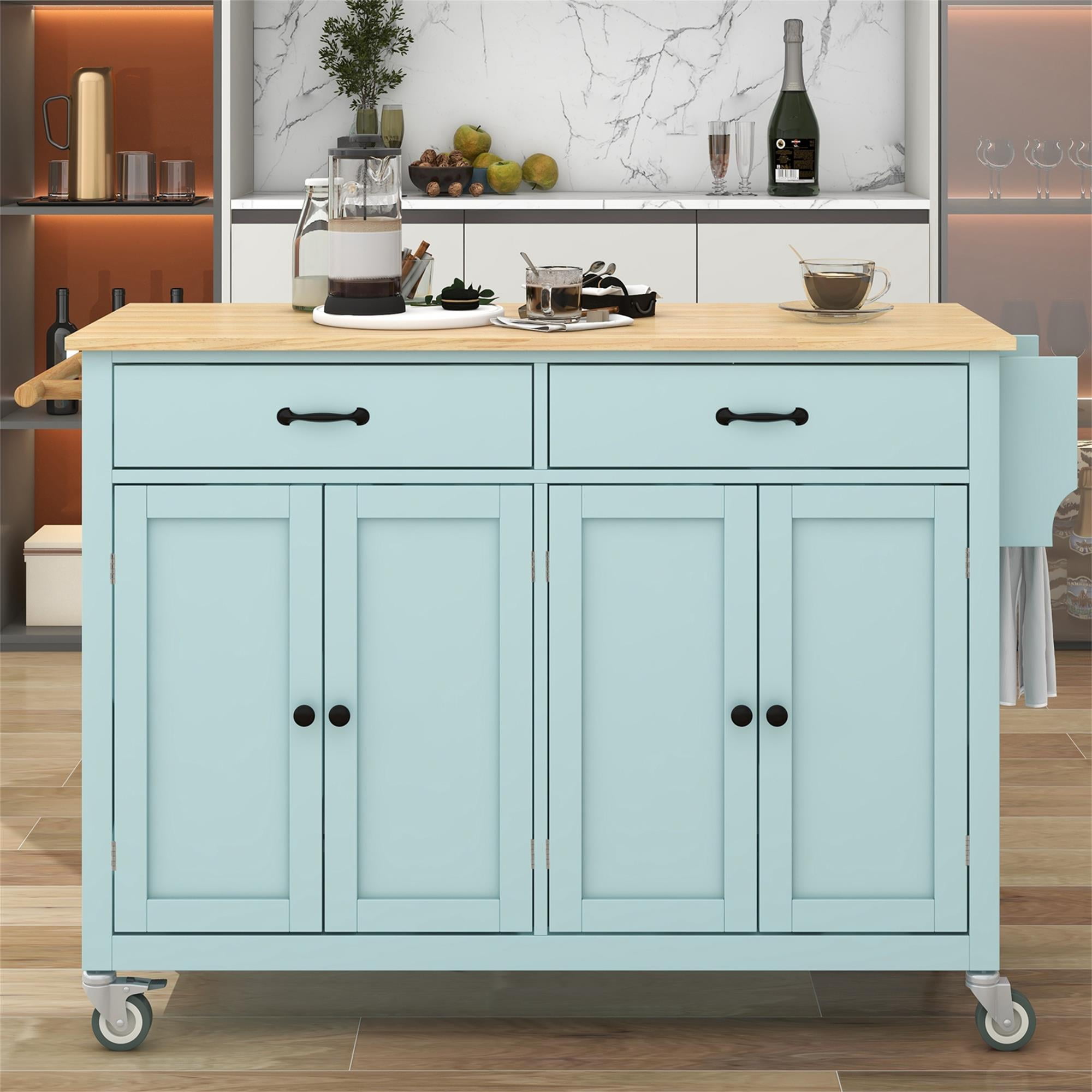 Kadyn Moveable Kitchen Island Cart, Rolling Bar Cart with 4 Door Cabinet and Two Drawers and 2 Locking Wheels, Kitchen Cart for Kitchen, Green Kadyn Moveable Kitchen Island Cart, Rolling Bar Cart with 4 Door Cabinet and Two Drawers and 2 Locking Wheels, Kitchen Cart for Kitchen, Green