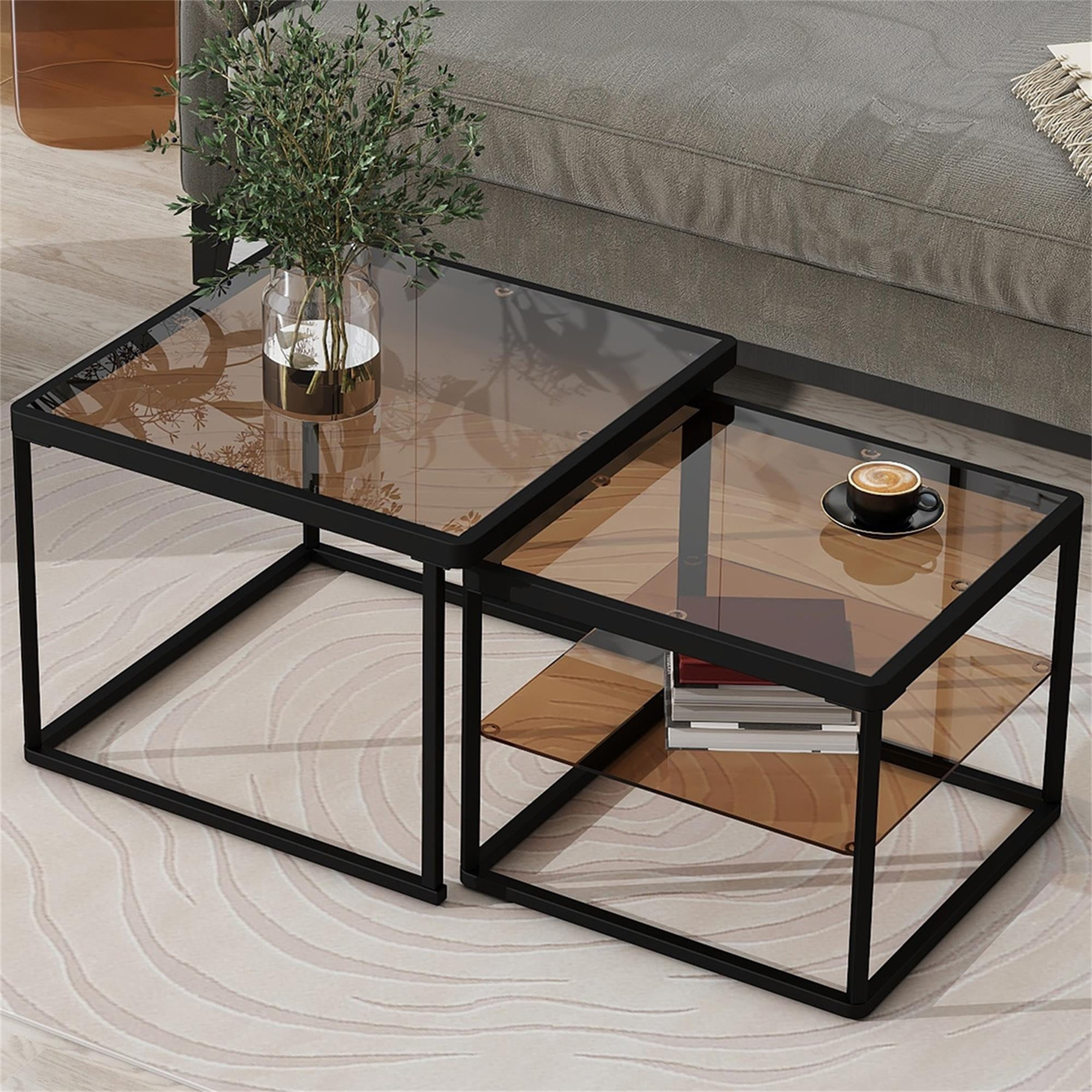 Kadyn Nested Coffee Table Set, Tea Table with Metal Frame, Tempered Glass Sofa Center Table, Black Kadyn Nested Coffee Table Set, Tea Table with Metal Frame, Tempered Glass Sofa Center Table, Black
