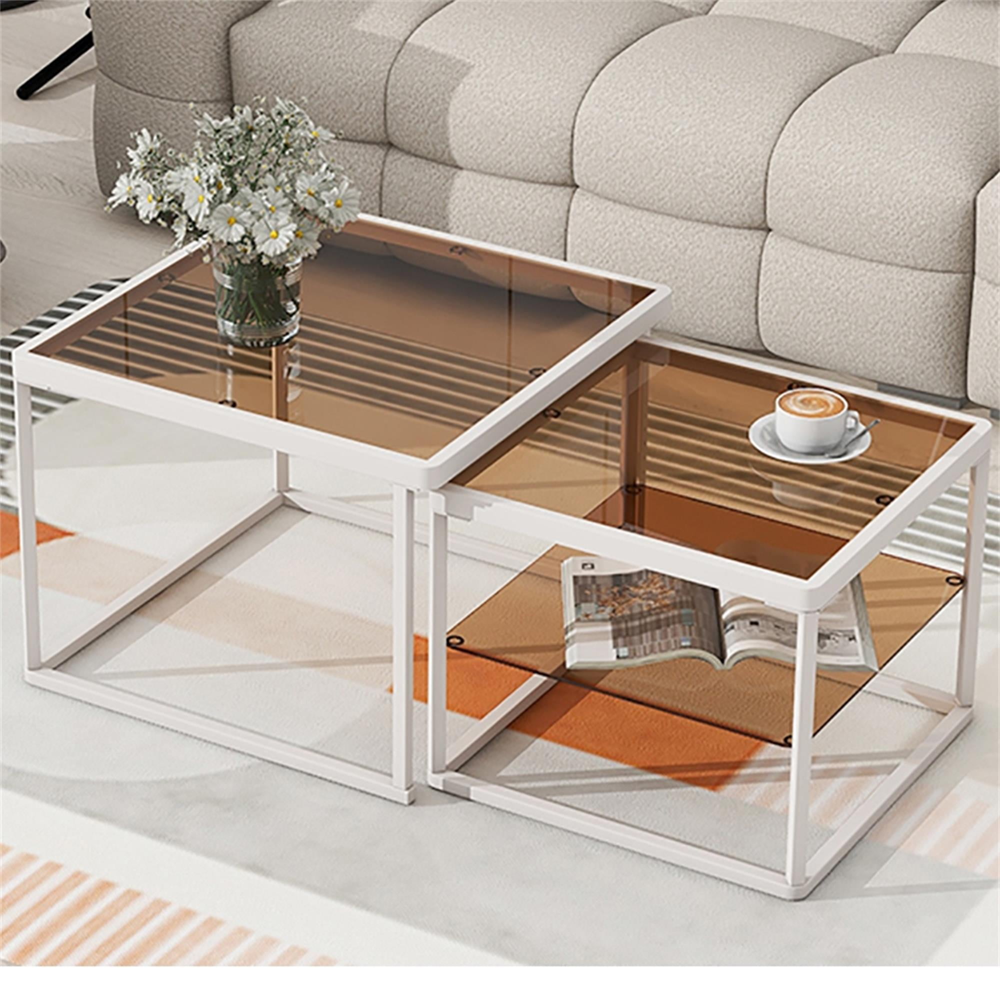Kadyn Nested Coffee Table Set, Tea Table with Metal Frame, Tempered Glass Sofa Center Table, White Kadyn Nested Coffee Table Set, Tea Table with Metal Frame, Tempered Glass Sofa Center Table, White