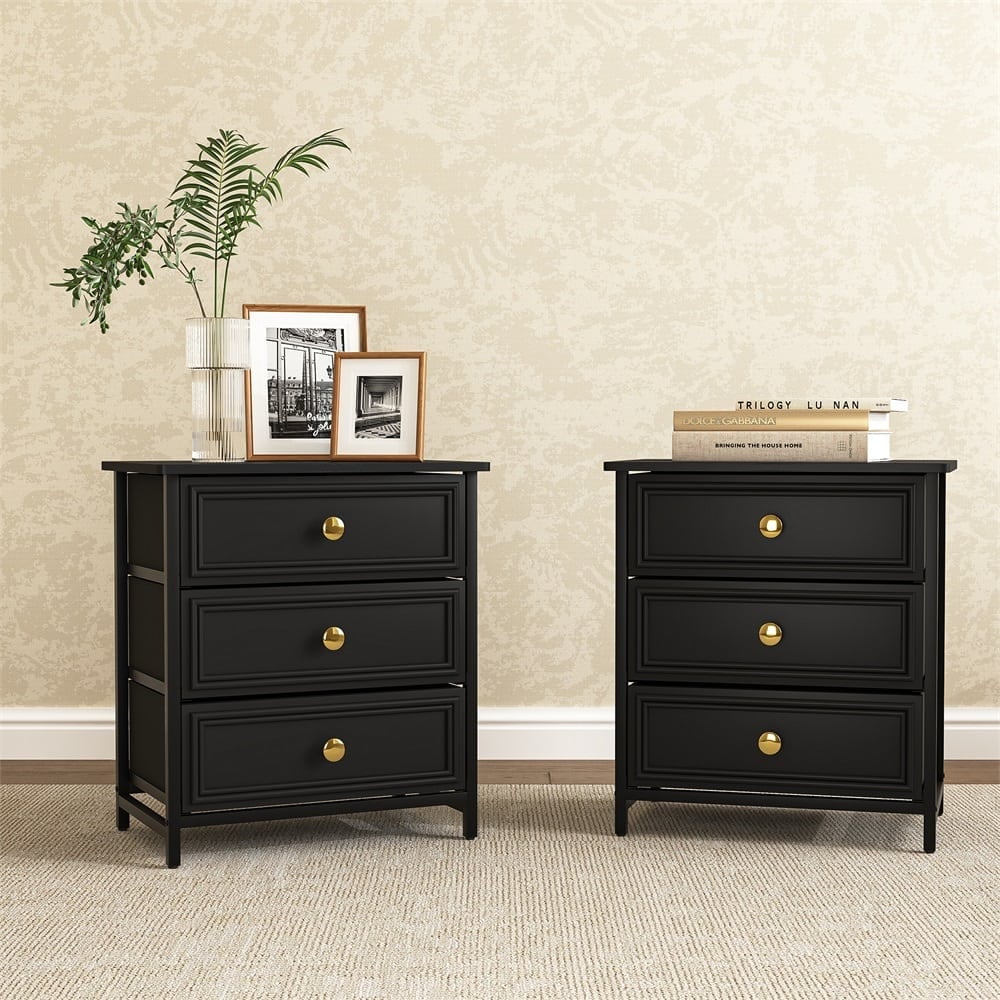 Kadyn Night Stand,Nightstands,Bedside Table,Black Nightstand with 3 Drawers, Night Stand for Bedroom,Bedside Table with Fabric Bins, Leather Finish