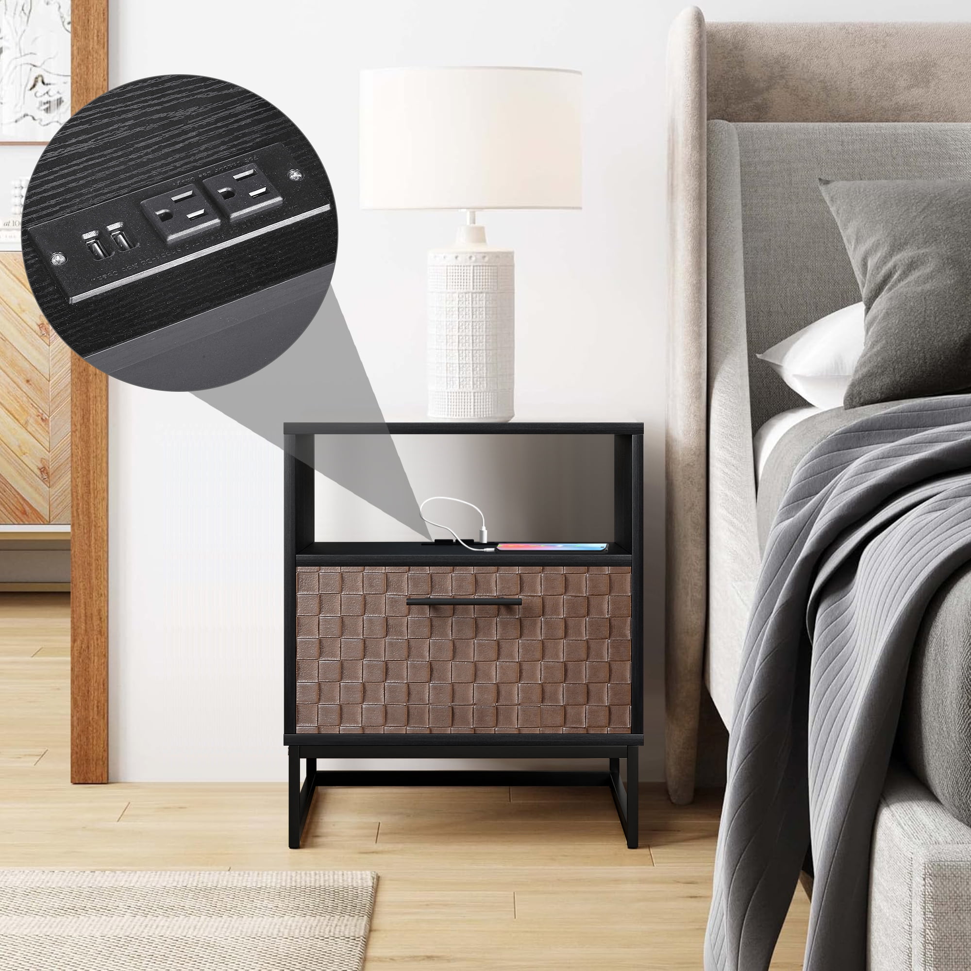 Kadyn Nightstand, 1 Door Bedside Table with Socket, End Table for Bedroom, Black Brown Kadyn Nightstand, 1 Door Bedside Table with Socket, End Table for Bedroom, Black Brown