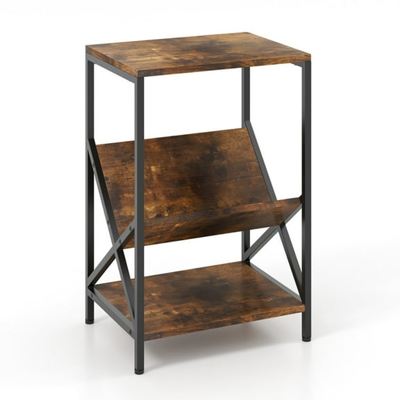 Kadyn Nightstand,Desktop Table,Side Table,End Tables,3-Tier Industrial Side Table with V-shaped Bookshelf for Living Room-Rustic Brown