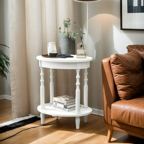 Kadyn Nightstand,Desktop Table,Side Table,End Tables,Beside Table,2-Tier Oval Side Table with Storage Shelf and Solid Wood Legs-White