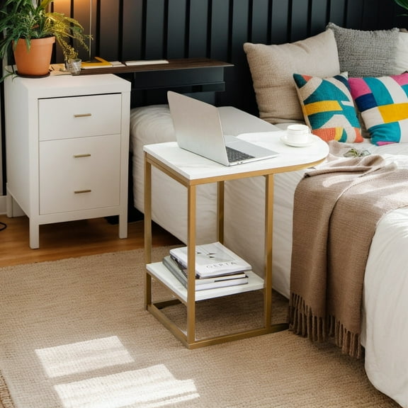 Kadyn Nightstand,Desktop Table,Side Table,End Tables,C-shaped Side Table with Faux Marble Tabletop and Golden Steel Frame-White