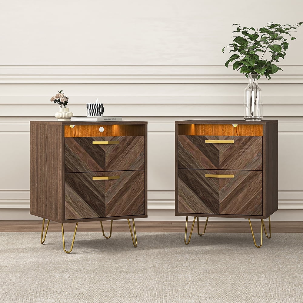 Kadyn Nightstand with Drawer - Mid Century Modern Nightstand Set of 2, Bed Side Table Night Stands for Bedrooms, Boho Nightstand End Table for Living Room, Brown