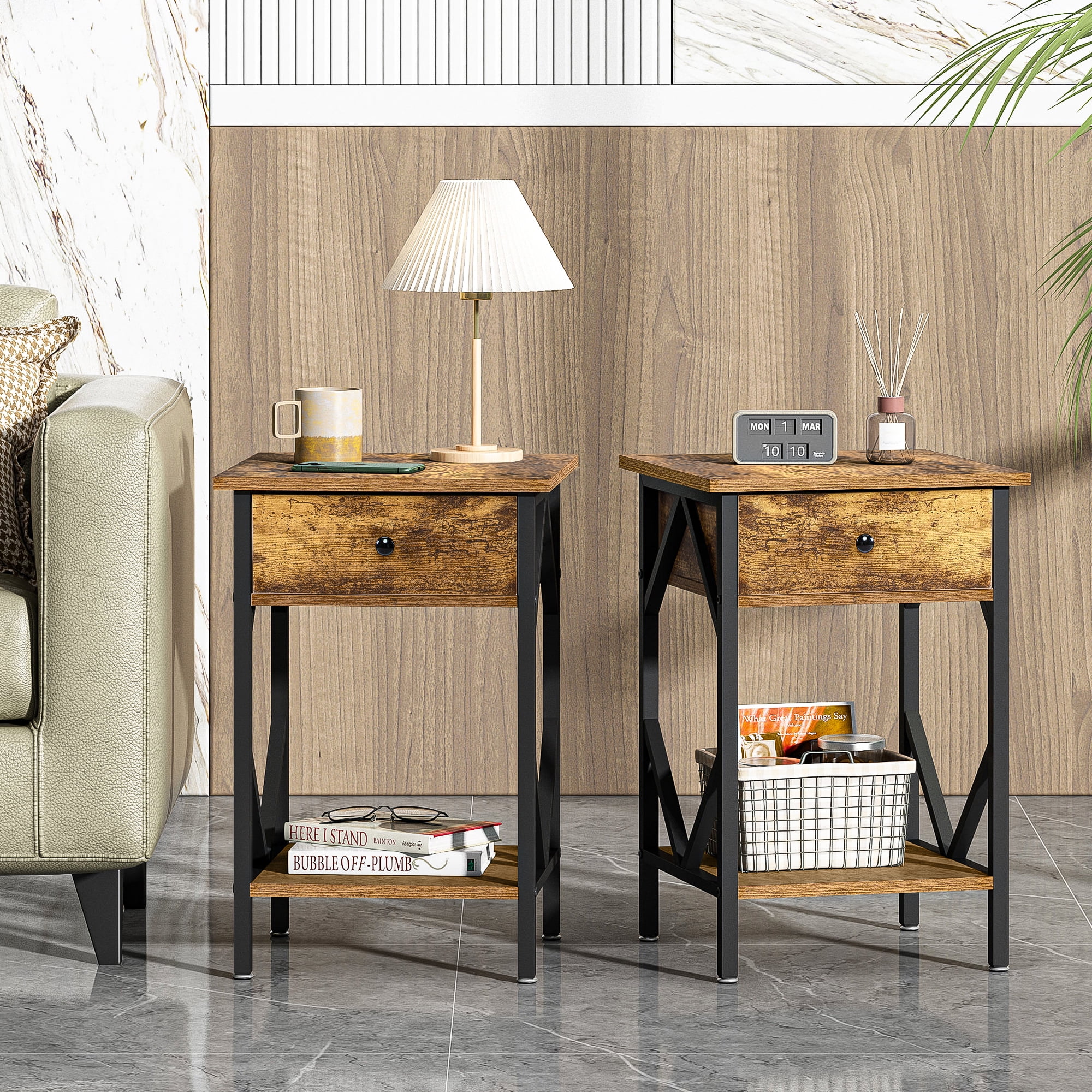 Kadyn Nightstand Set of 2, Bedside Table End Table with Drawer, Storage Shelf and Metal Frame for Living Room, Bedroom, Rustic Brown Kadyn Nightstand Set of 2, Bedside Table End Table with Drawer, Storage Shelf and Metal Frame for Living Room, Bedroom, Rustic Brown