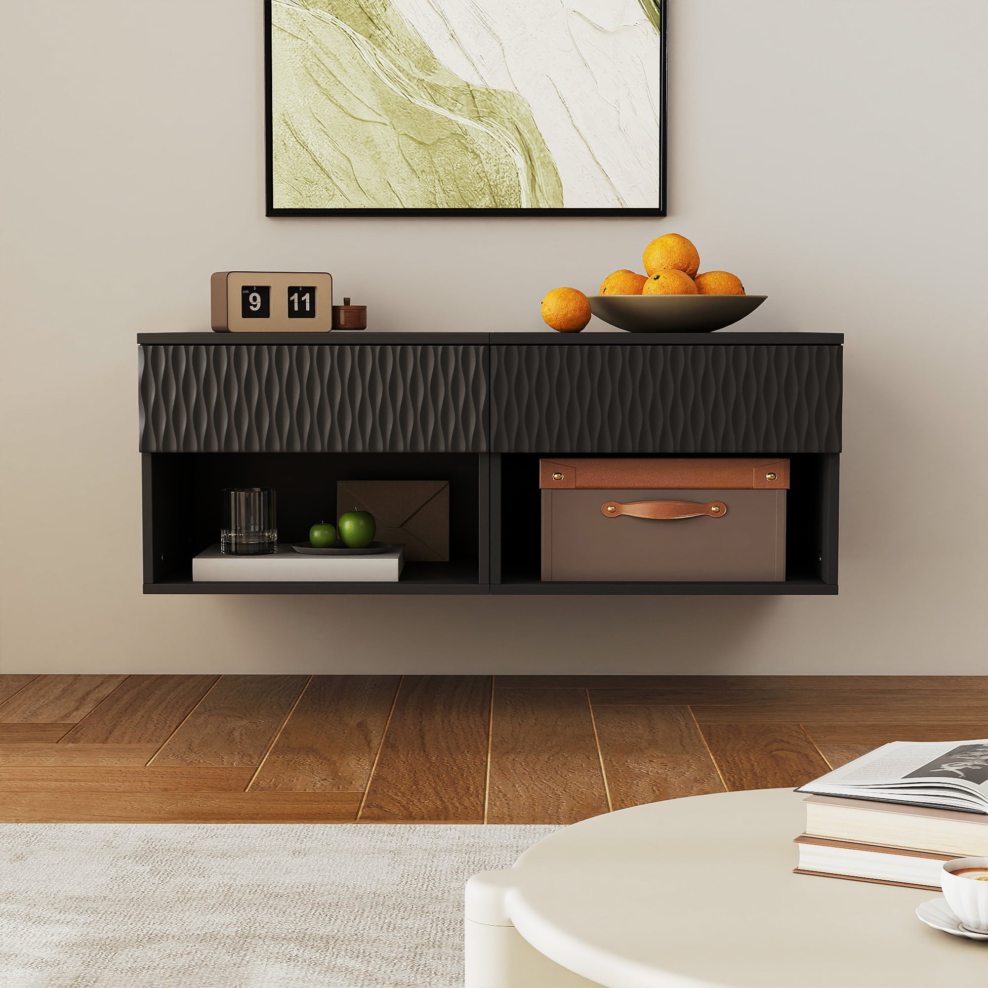 Kadyn Wall-Mounted Nightstand Set of 2, Modern Bedside Table with Drawer & Carved Design, Floating Night Stand with Storage Shelf for Living Room, Bedroom, Black