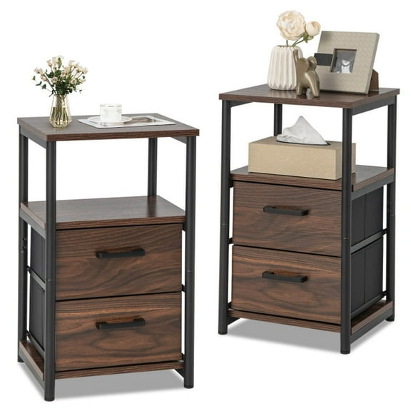 Kadyn Nightstand Set of 2, Bedside Table End Table with 2 Drawers, 2 Tiers Storage Shelf for Living Room, Bedroom, Rustic Brown and Black
