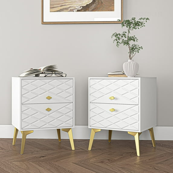 Kadyn Nightstand Set of 2, Bedside Table for Bedroom, Particle Board Night Stand with 2 Drawer, White