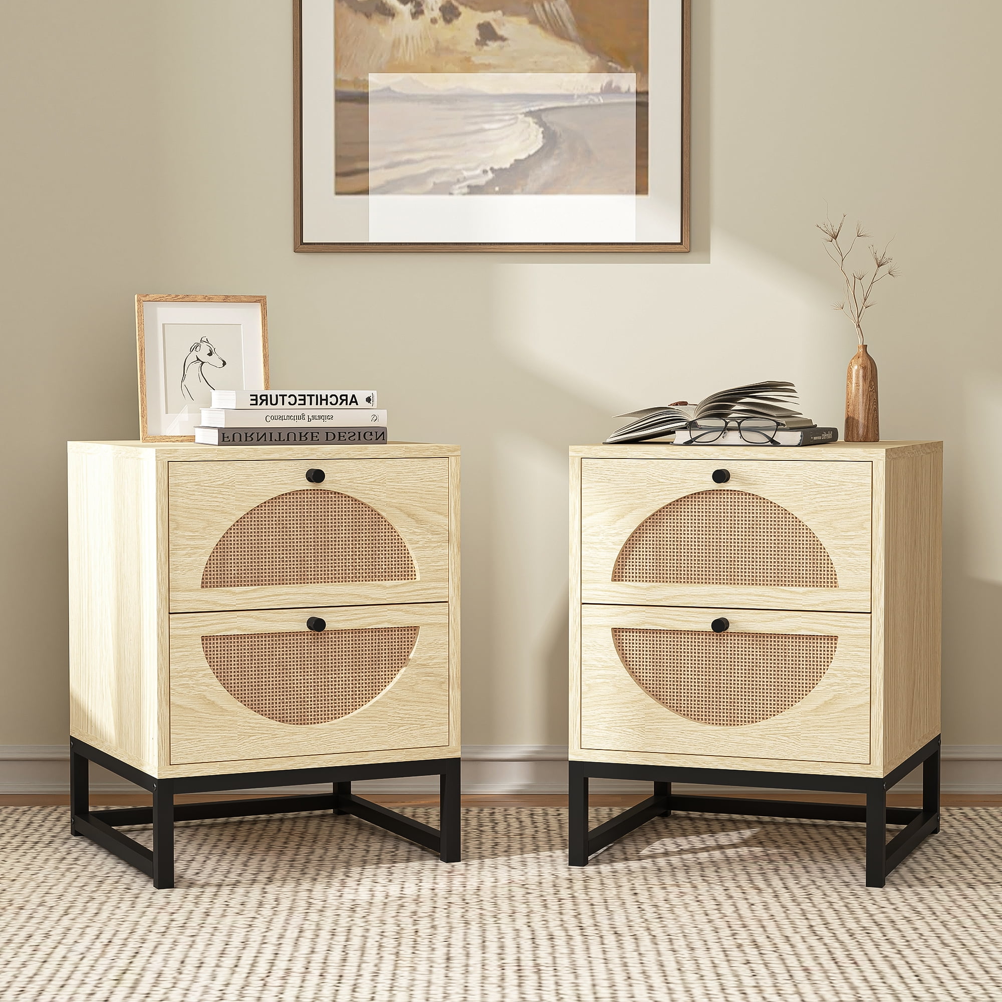 Kadyn Nightstand Set of 2, Bedside Table with 2 Natural Rattan Drawer & Metal Legs, Natural Side Table for Bedroom