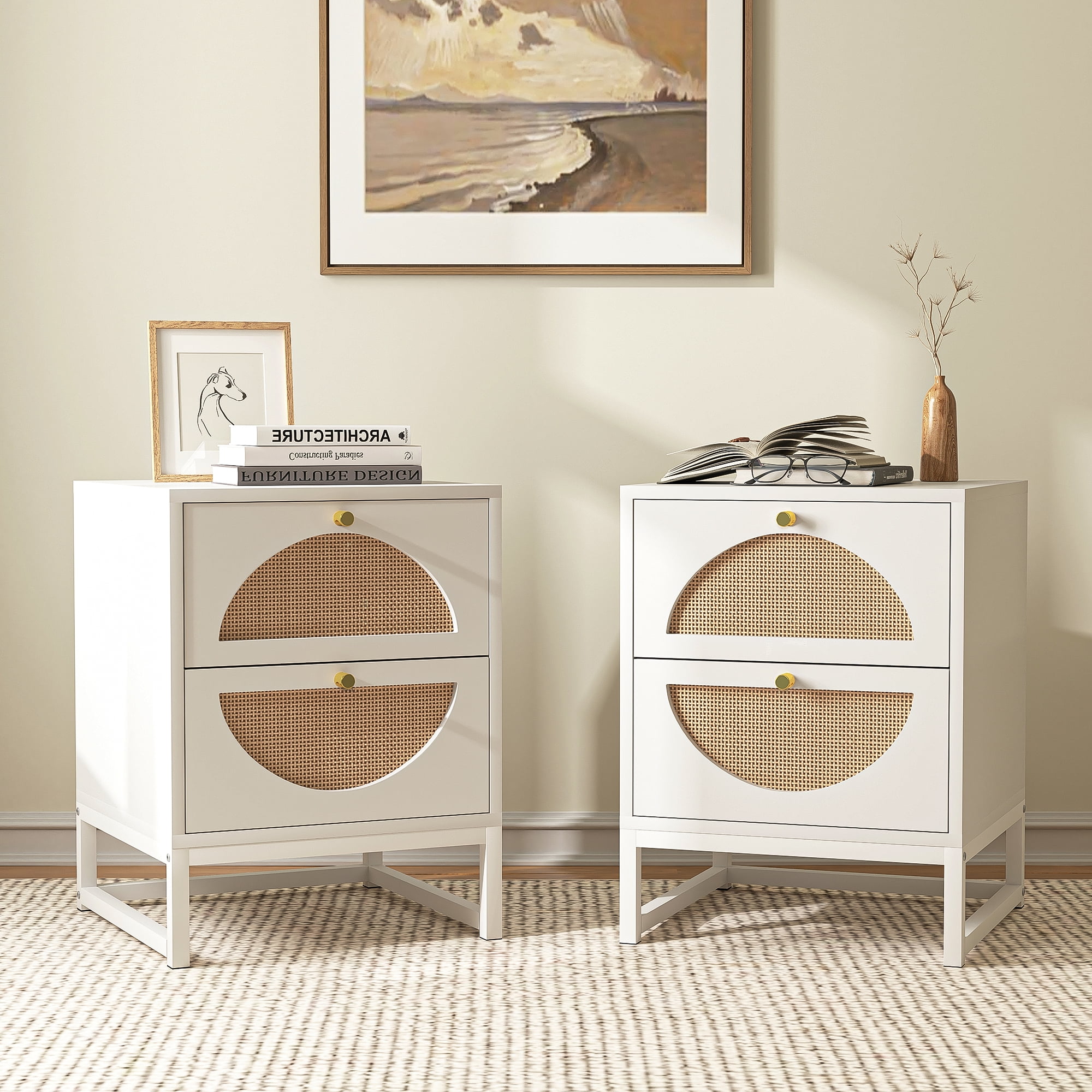 Kadyn Nightstand Set of 2, Bedside Table with 2 Natural Rattan Drawer & Metal Legs, White Side Table for Bedroom Kadyn Nightstand Set of 2, Bedside Table with 2 Natural Rattan Drawer & Metal Legs, White Side Table for Bedroom