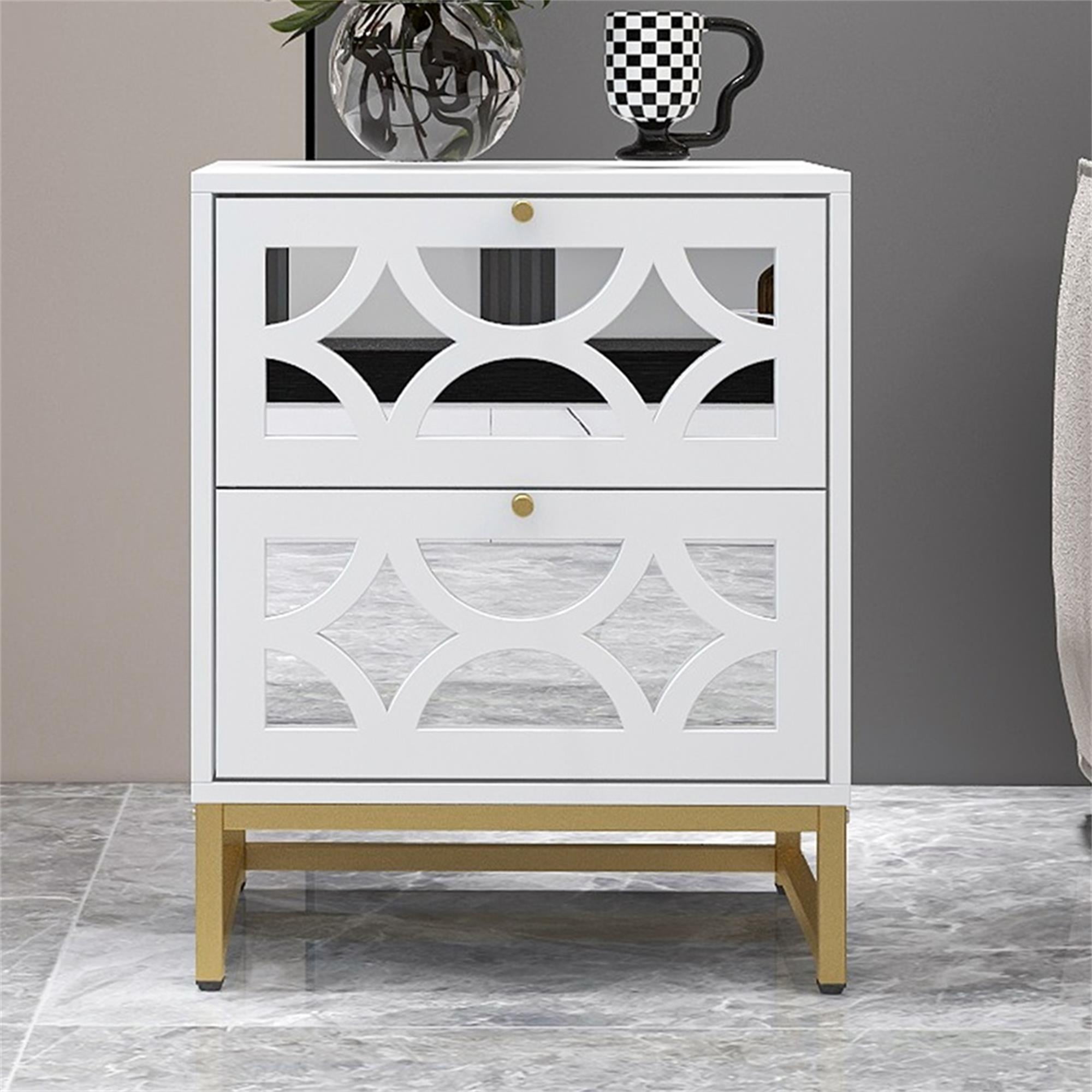 Kadyn Nightstand with 2 Drawer, White Mirrored Bedside Table with Gold Legs for Bedroom, Side Table Kadyn Nightstand with 2 Drawer, White Mirrored Bedside Table with Gold Legs for Bedroom, Side Table