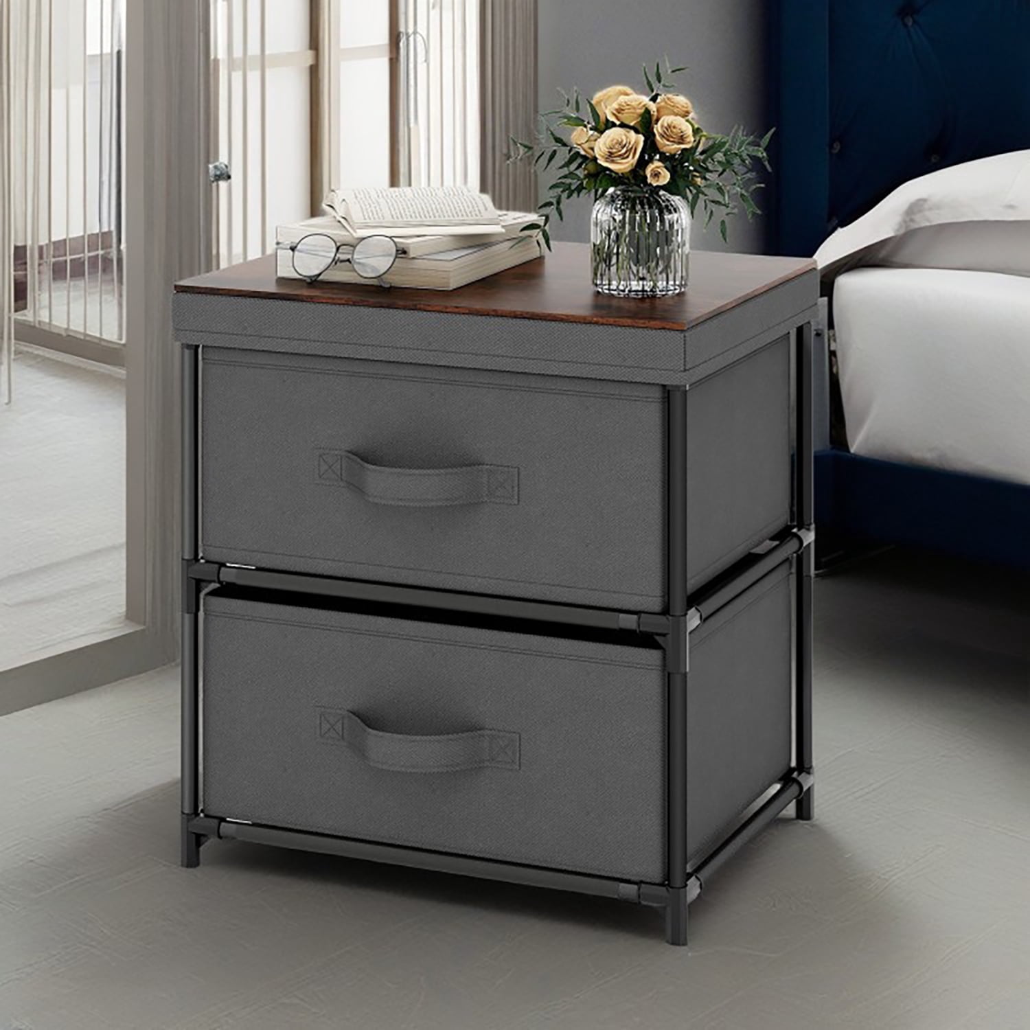 Kadyn Nightstand with 2 Drawers, Bedside Table Small Dresser with Removable Fabric Bins for Bedroom ,Gray