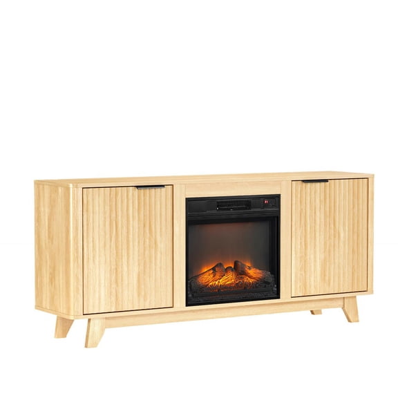 Kadyn Oak Finish Media Console with 18 Inch Fireplace Insert and Double Grid Doors, Embossed Fireplace TV Stand, Oak