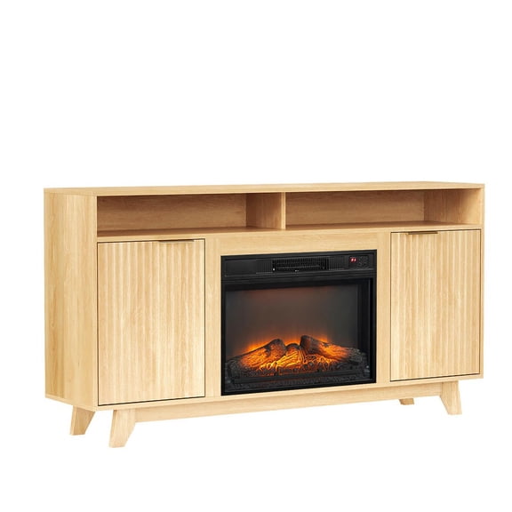 Kadyn Oak Fireplace TV Stand with 23 Inch Insert and Double Grid Doors, Media Console with Gold Handles and 2 Shelves 58 x 13.6 x 32 Inch, Oak