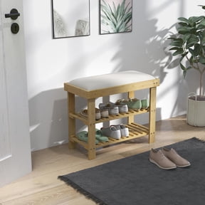Kadyn Ottoman Bench, Bench Ottoman,Bamboo Shoe Storage Bench, 3-Tier Entryway Bench with Cushion, Shoe Organizer, Cream White
