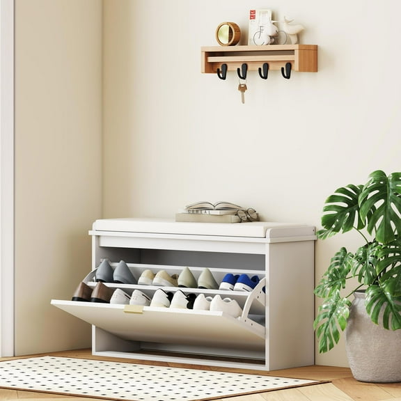 Kadyn Ottoman Bench, Bench Ottoman,Shoe Storage Bench with Padded Seat Cushion and Flip-Drawer, Entryway Bench, Shoe Cabinet, White