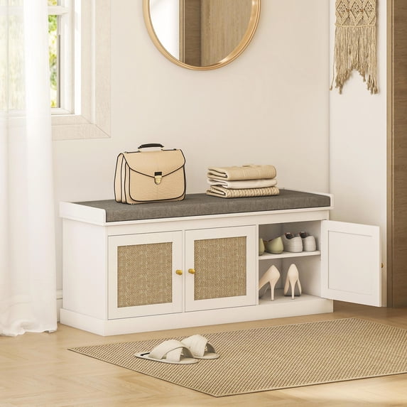 Kadyn Ottoman Bench with Woven Rattan Doors, Cushion and Adjustable Shelves, Upholstered Bench for Entryway, Hallway, White