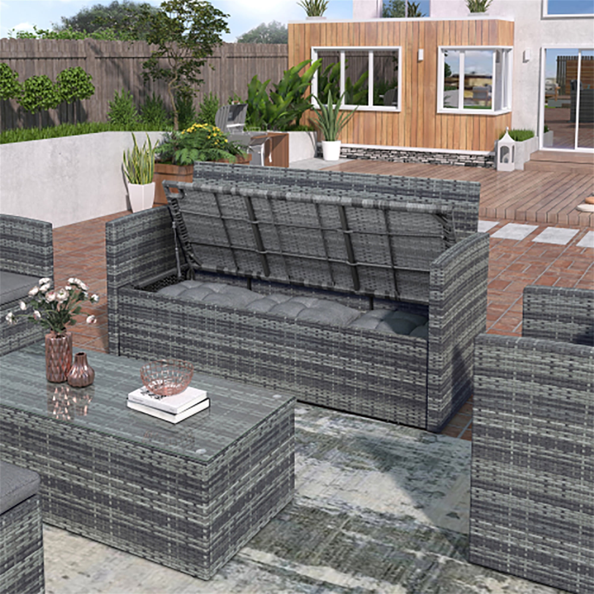 Kadyn Ottomans for Backyard Porch Poolside with Storage Bench,All-Weather Couch with Glass Table, 7 Seating Outdoor Patio Furniture Sectional Sofa Set, Gray Kadyn Ottomans for Backyard Porch Poolside with Storage Bench,All-Weather Couch with Glass Table, 7 Seating Outdoor Patio Furniture Sectional Sofa Set, Gray
