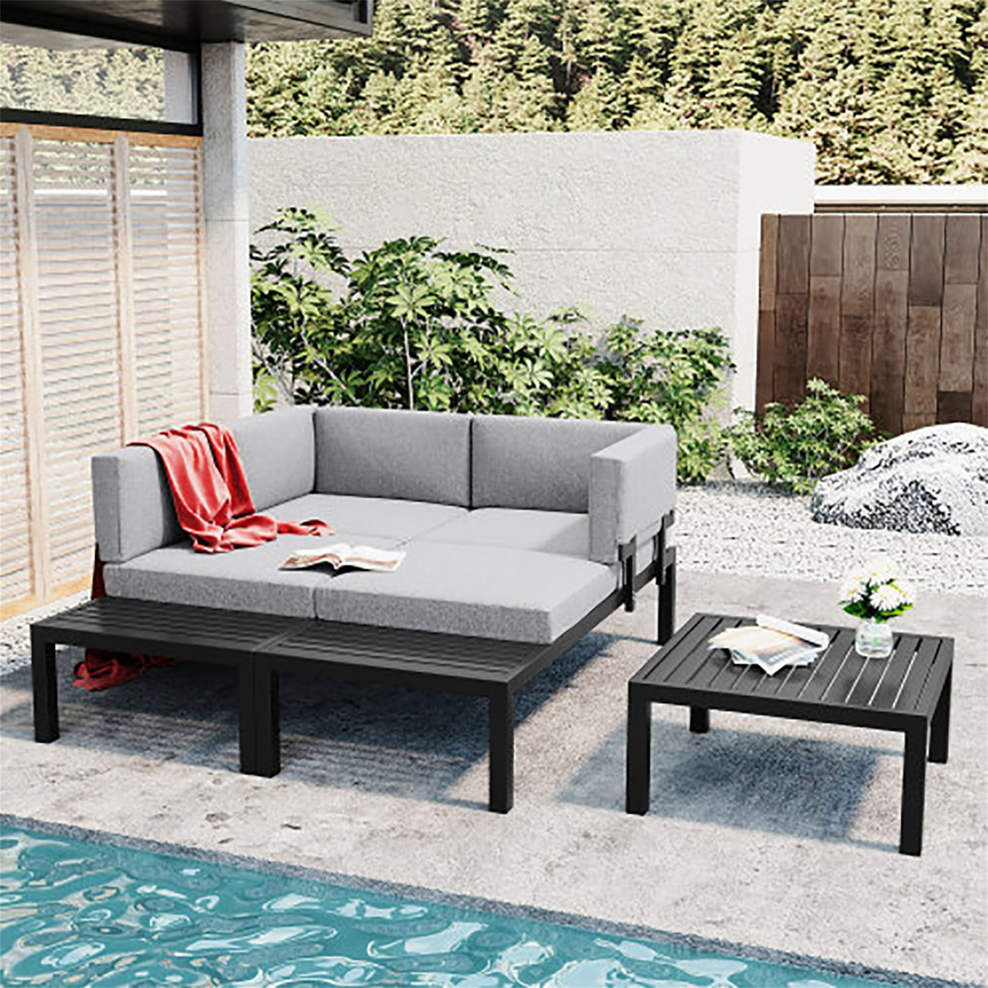 Kadyn Outdoor Aluminum Alloy Modular Sofa, Modern Sofa Three-Piece Set, Living Room Furniture Set Black Frame + Gray Cushions Kadyn Outdoor Aluminum Alloy Modular Sofa, Modern Sofa Three-Piece Set, Living Room Furniture Set Black Frame + Gray Cushions