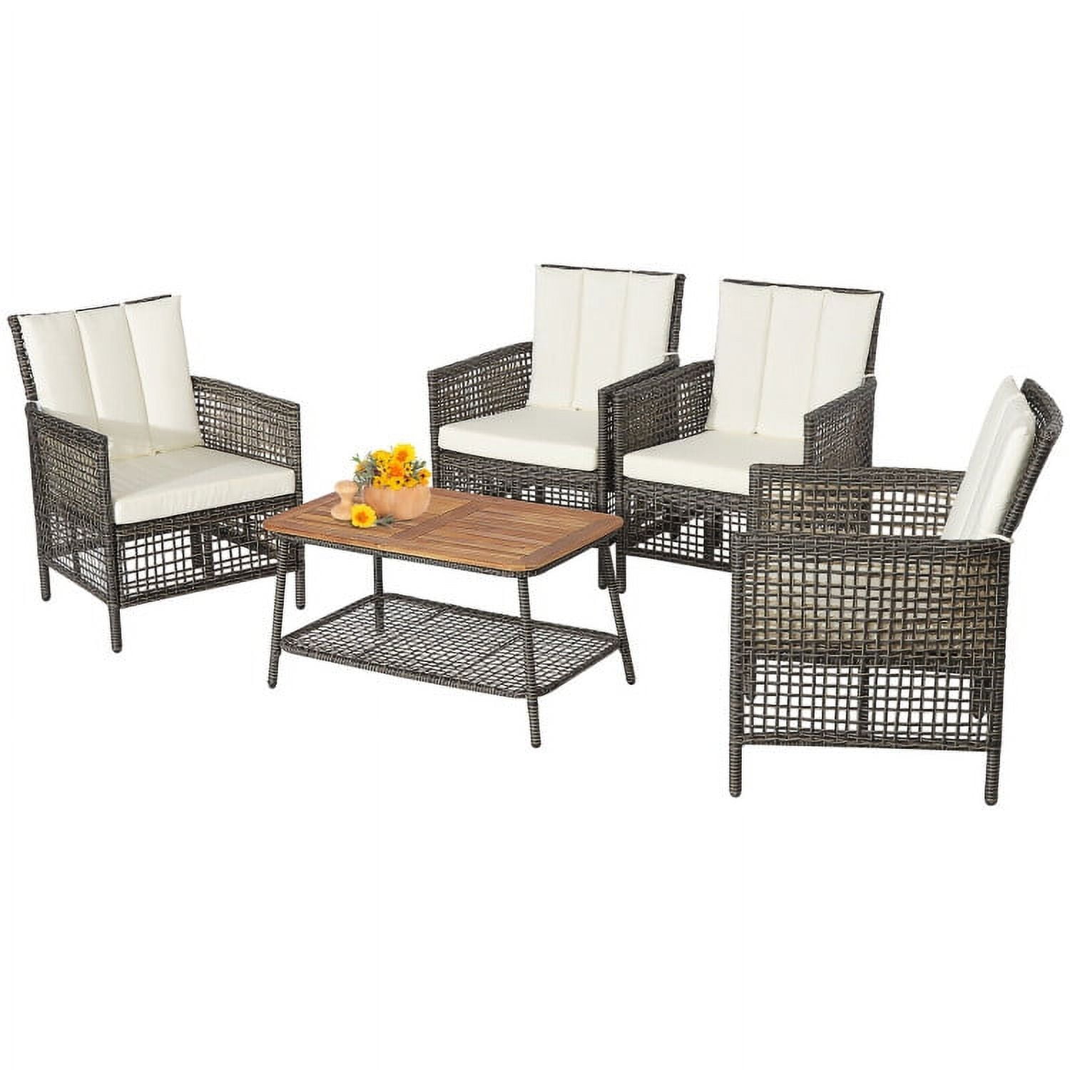 Mix Black and Brown Rattan Outdoor Conversation Set with Off-White Cushions