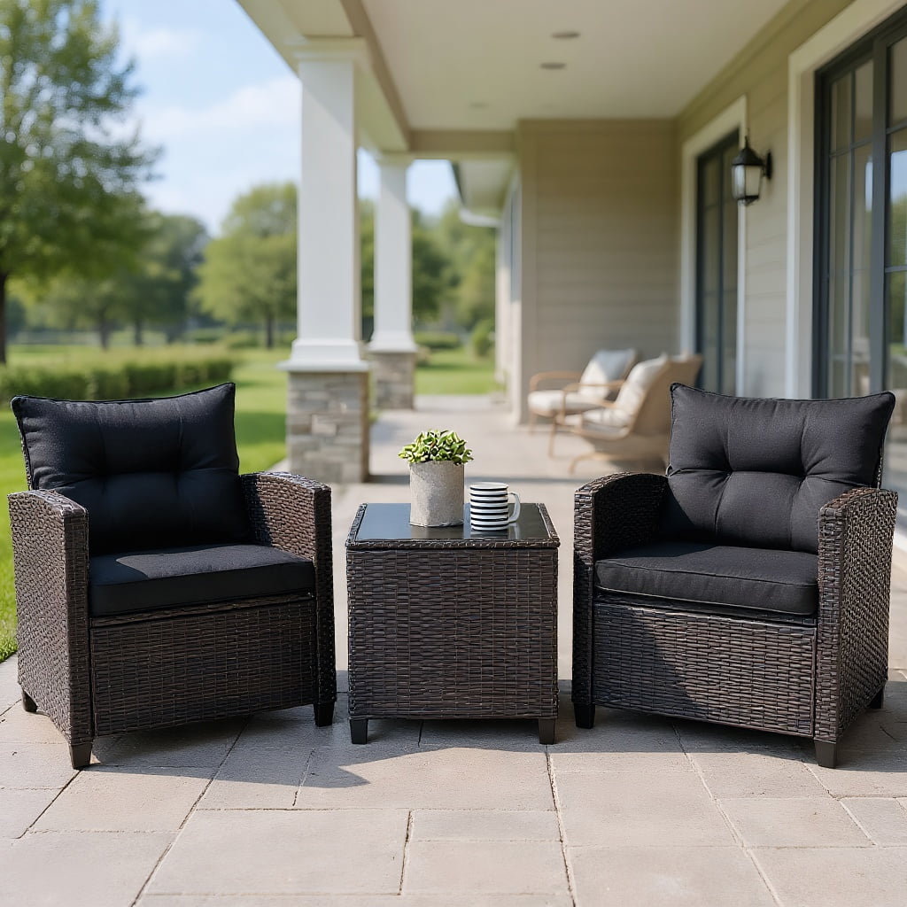 Kadyn Outdoor Bistro Conversation Set, Patio Furniture Sets, 3 Pcs Patio Rattan Furniture Set Cushioned Conversation Set Coffee Table-Black