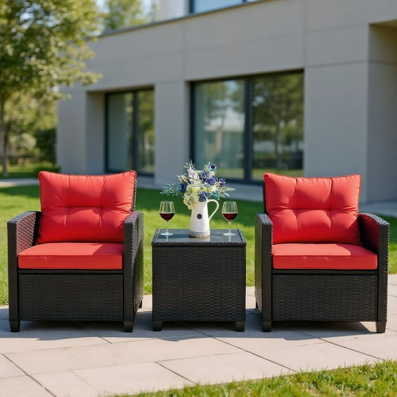 Kadyn Outdoor Bistro Conversation Set, Patio Furniture Sets, 3 Pcs Patio Rattan Furniture Set Cushioned Conversation Set Coffee Table-Red