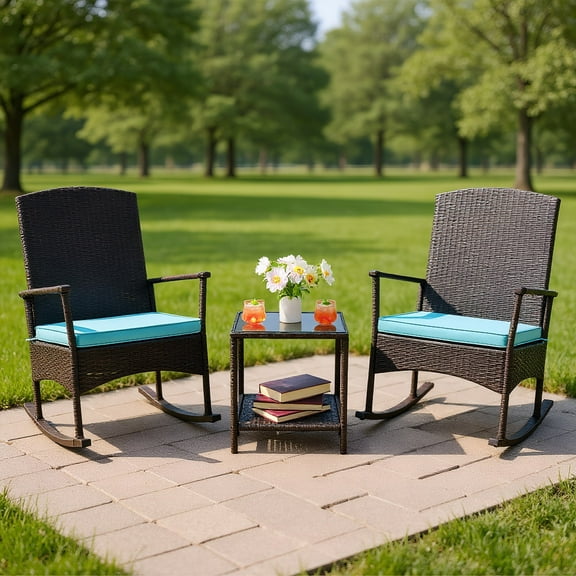 Kadyn Outdoor Bistro Conversation Set,Patio Furniture Sets, 3 Piece Patio Rocking Set Wicker Rocking Chairs with 2-Tier Coffee Table-Turquoise