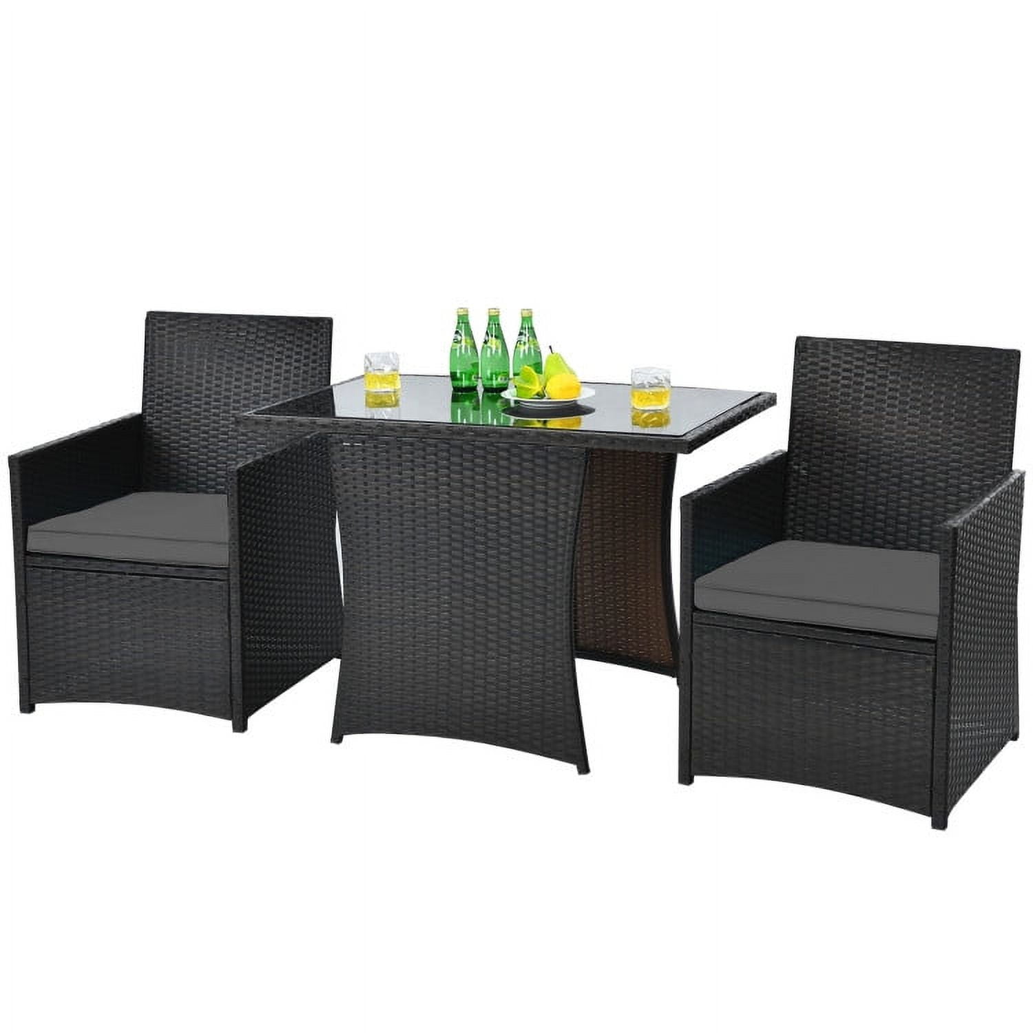 Gray 3-Piece Outdoor Bistro Set with Cushions and Tempered Glass Table