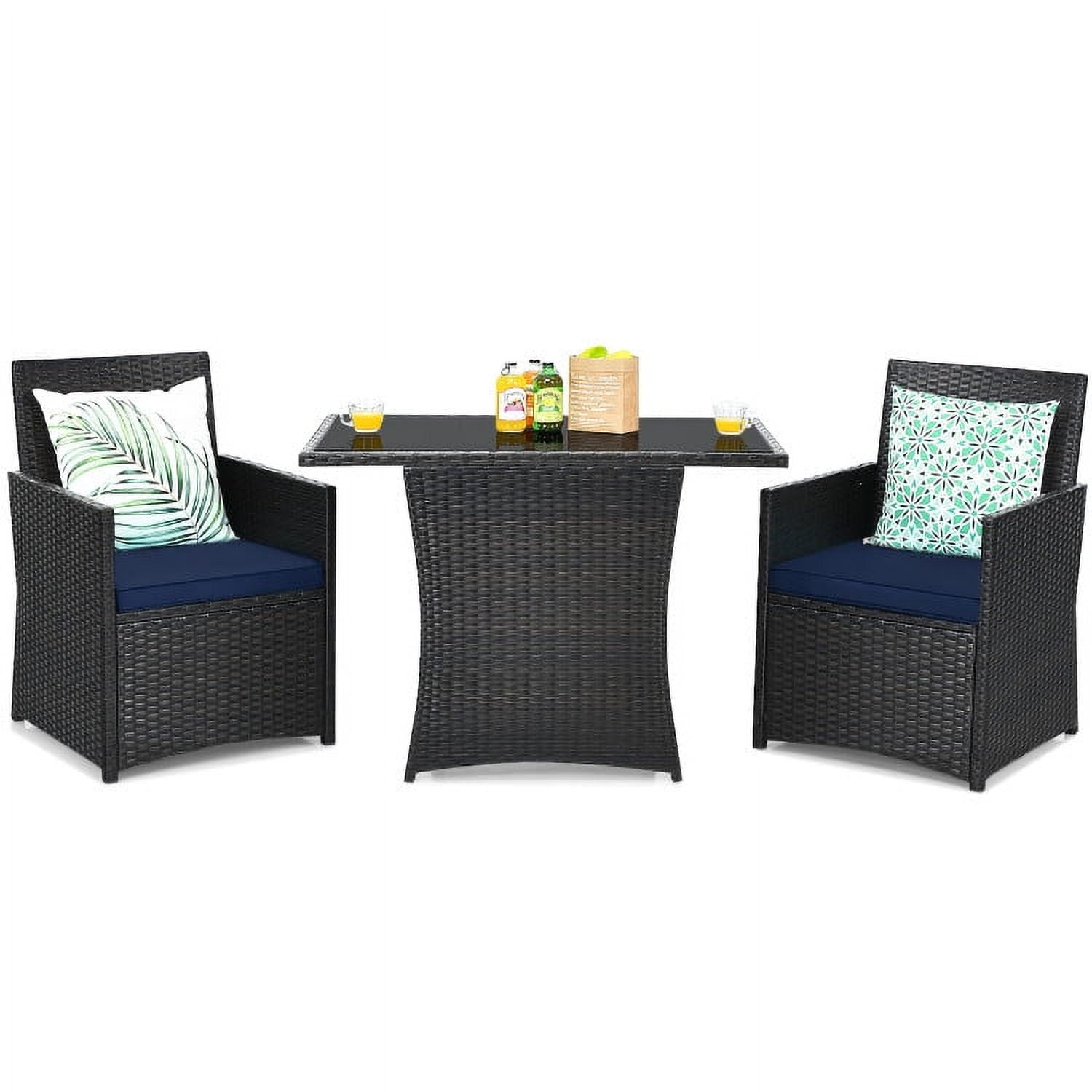 Navy 3-Piece Outdoor Patio Rattan Bistro Set with Cushions