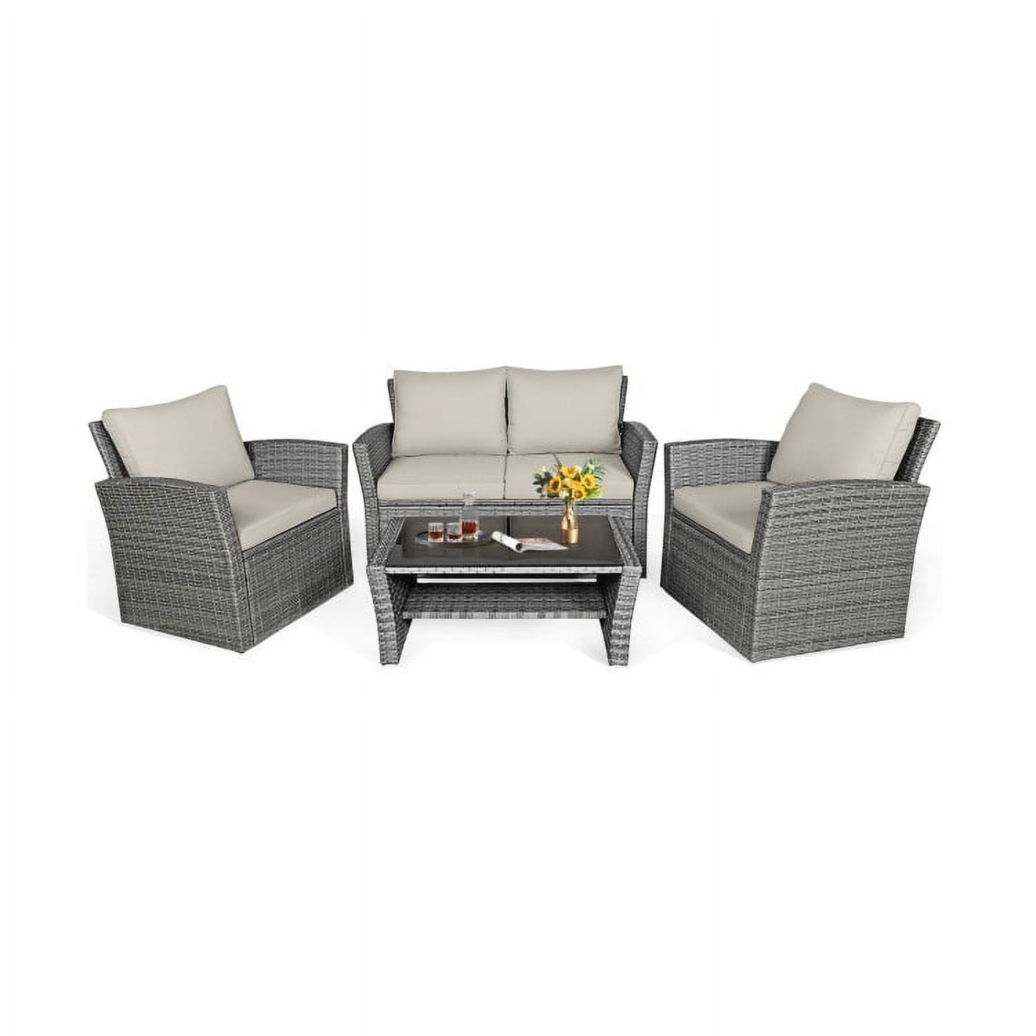 Khaki Cushioned 4-Piece Rattan Patio Conversation Set