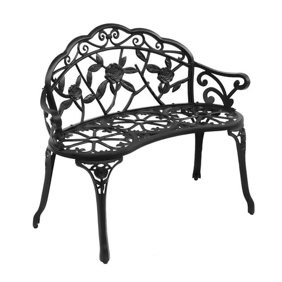 Kadyn Outdoor Cast Aluminum Patio Bench, Porch Bench Chair with Curved Legs Rose Pattern, Black
